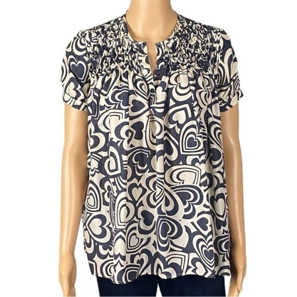 LOVE MOSCHINO 100% Silk dark navy and cream hearts design blouse Size 2 EUC